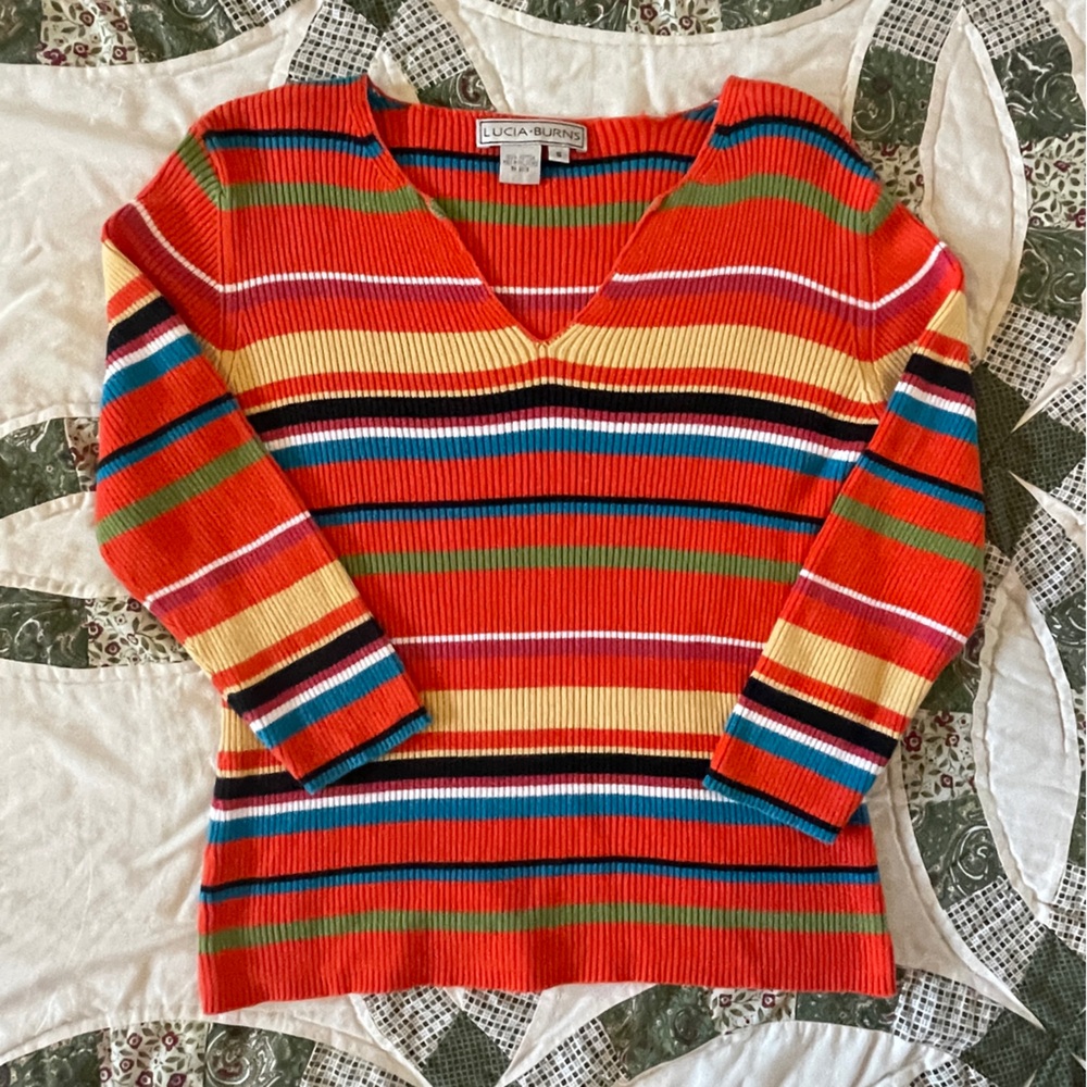 VTG Lucia Burns Multicolor Striped V-Neck Ribbed Sweater Size Small Retro